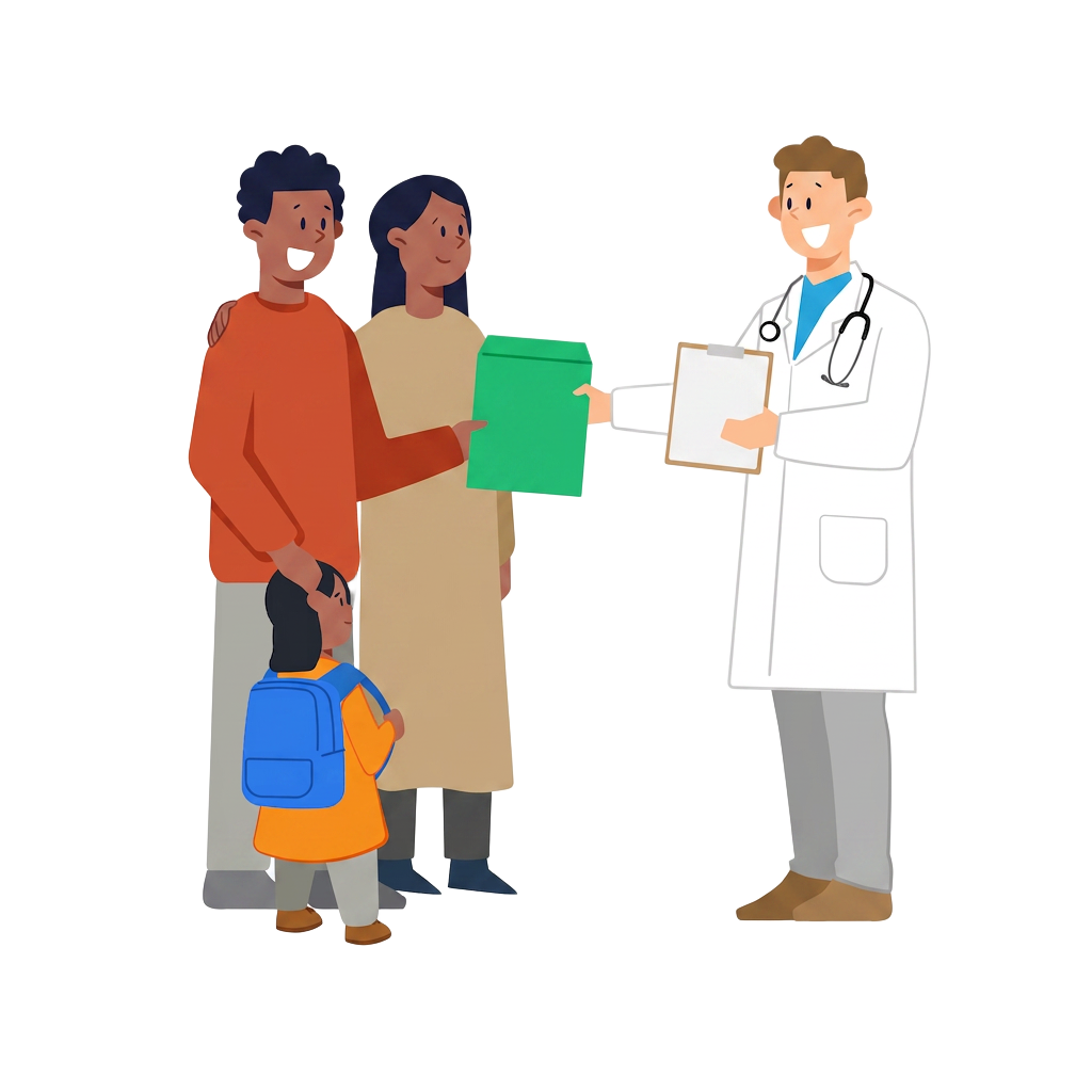 Civil Surgeon handing a sealed I-693 envelope to a family